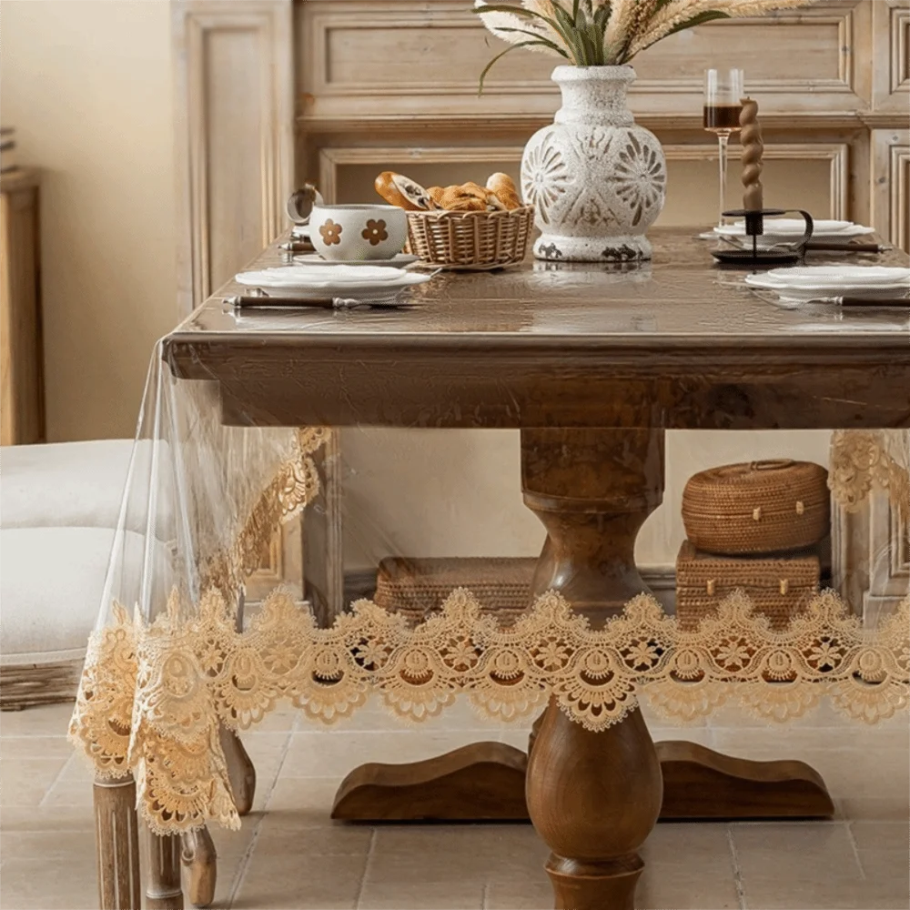 

Waterproof PVC Tablecloth European Style Lace Embroidered Dining Table Cover Transparent Oil Proof Table Runner Coffee Table