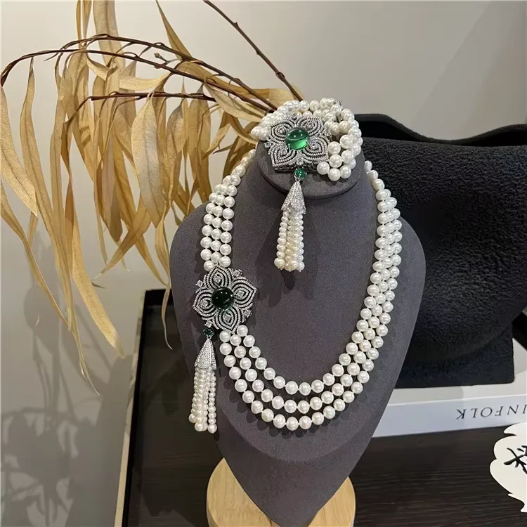 

3 Strands Natural Cultured Freshwater Near Round Pearl Flower CZ Necklace Bracelet Sets