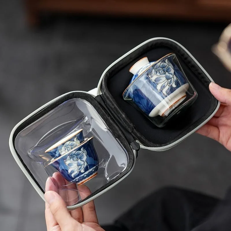 Portable Ceramic Travel Tea Set with Lotus Gaiwan & Two Cups, Lightweight Outdoor Camping Tea Cup Set in Carry Bag