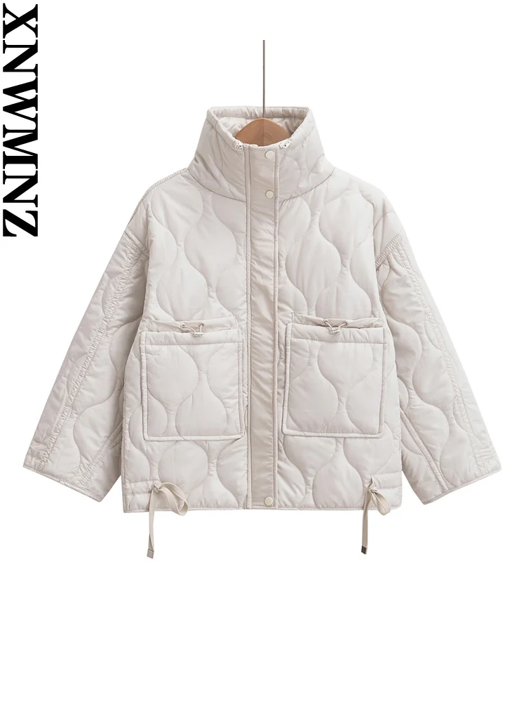 XNWMNZ Women\'s Fashion 2024 Autumn/Winter Quilted Padded Jacket Women Vintage Stand Neck Pocket Zipper Casual Female Outerwear