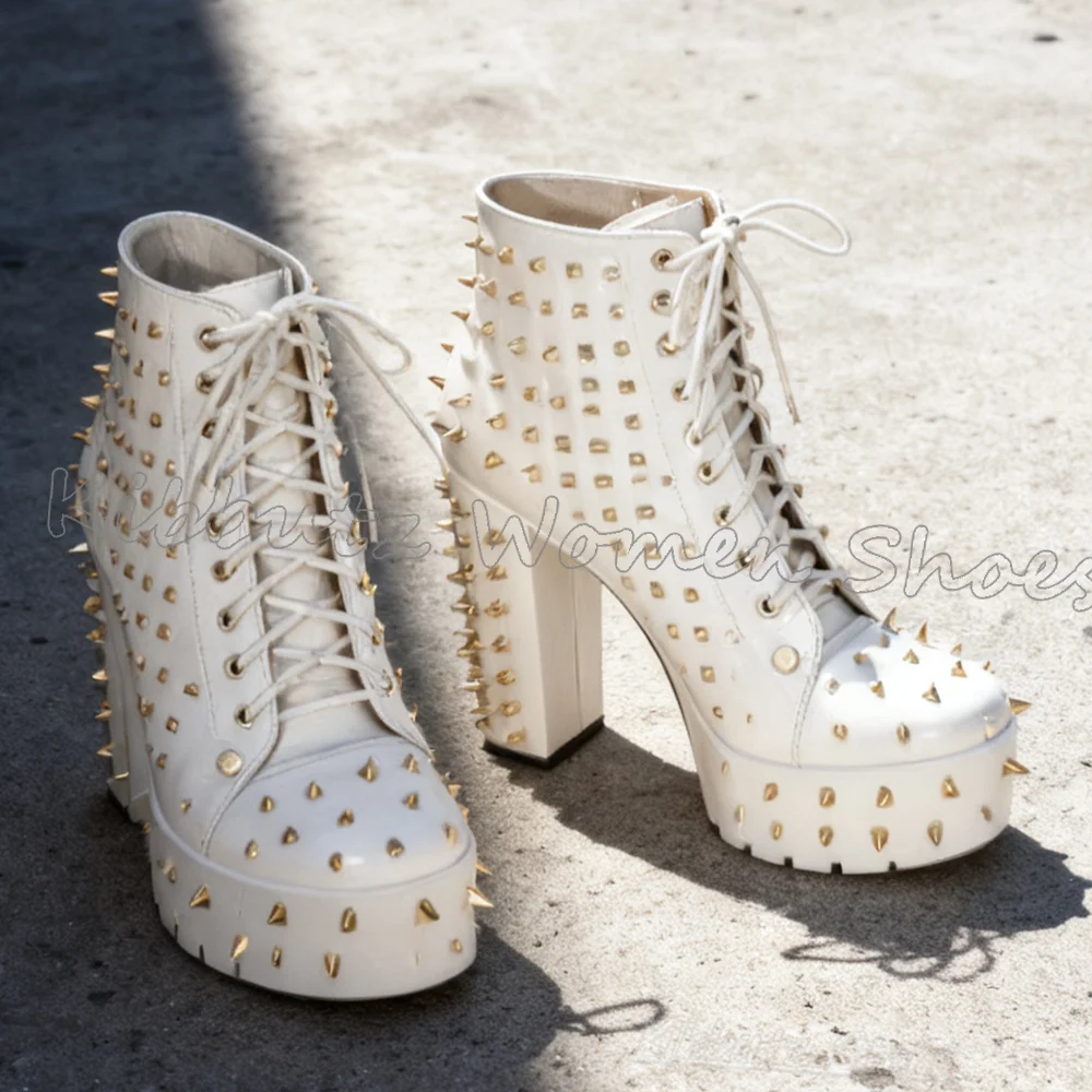 

Ботильоны с заклепками на платформе в стиле рок, панк, готическая кожа, однотонная, на шнуровке, с круглым носком, на массивном каблуке, модная роскошная женская обувь, новинка