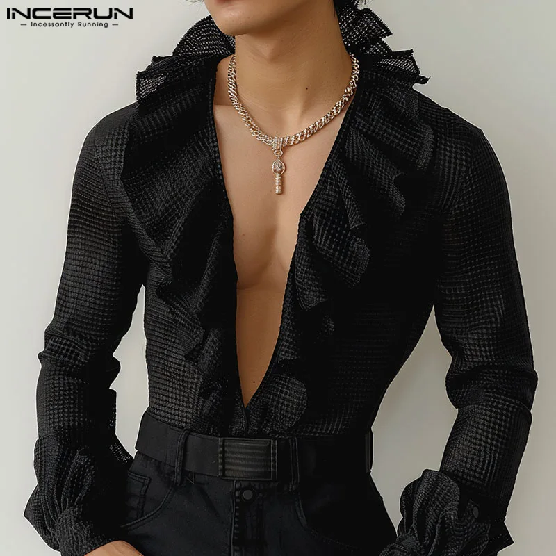 

INCERUN Men Shirt Solid Color Deep V Neck Long Sleeve Ruffle Casual Men Clothing Streetwear 2024 Fashion Leisure Camisas S-5XL