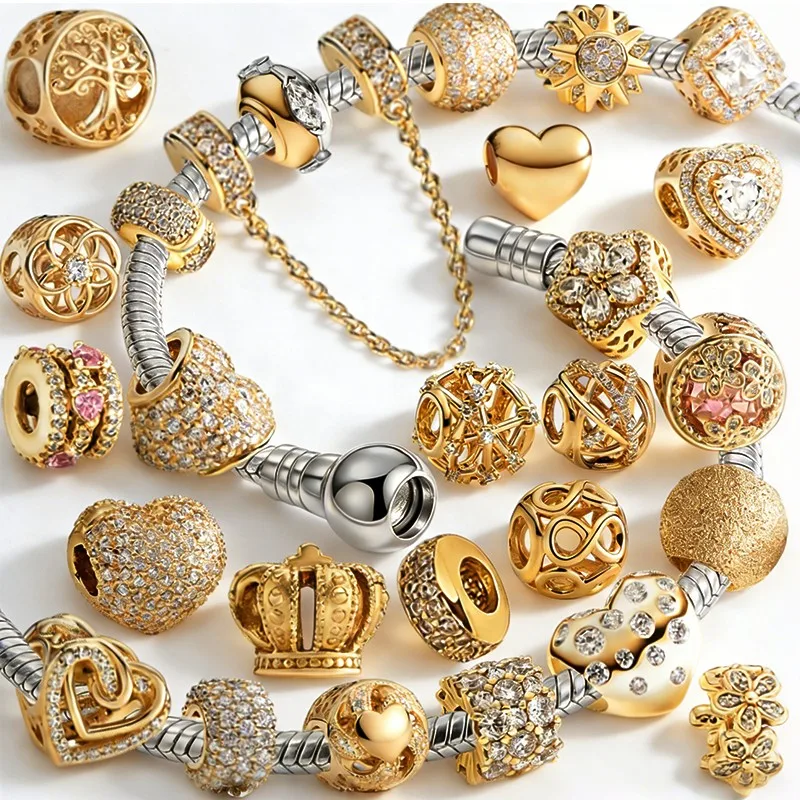 

Изысканные золотые сверкающие подвески-шармы в форме сердца из серии «Солнечные цветы» с цепочкой безопасности, подходящие для оригинальных аксессуаров