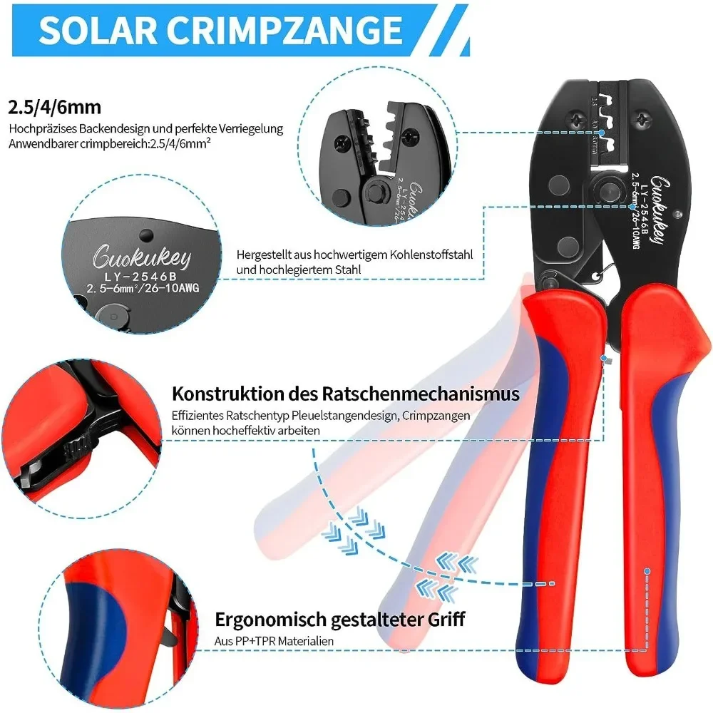 10Sets Photovoltaic Connectors + 4 Tools Crimping Pliers for Solar Connectors for 2.5/4/6mm² Solar Panel Cables +Wire Strippers