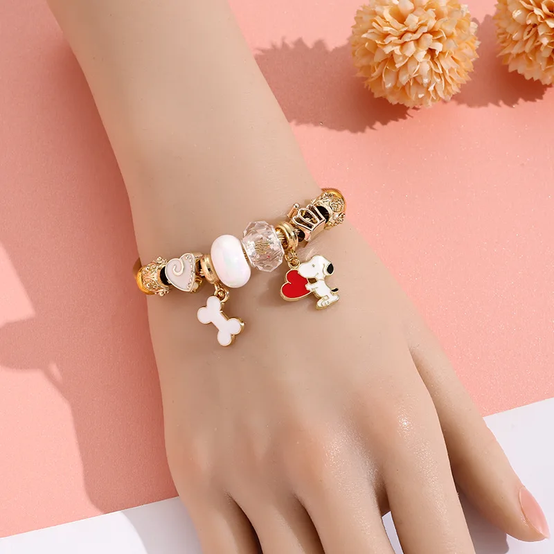 Girls Cute Cartoon Snoopy Stainless Steel Lucky Bracelet Beaded Bracelet Pendant Jewelry