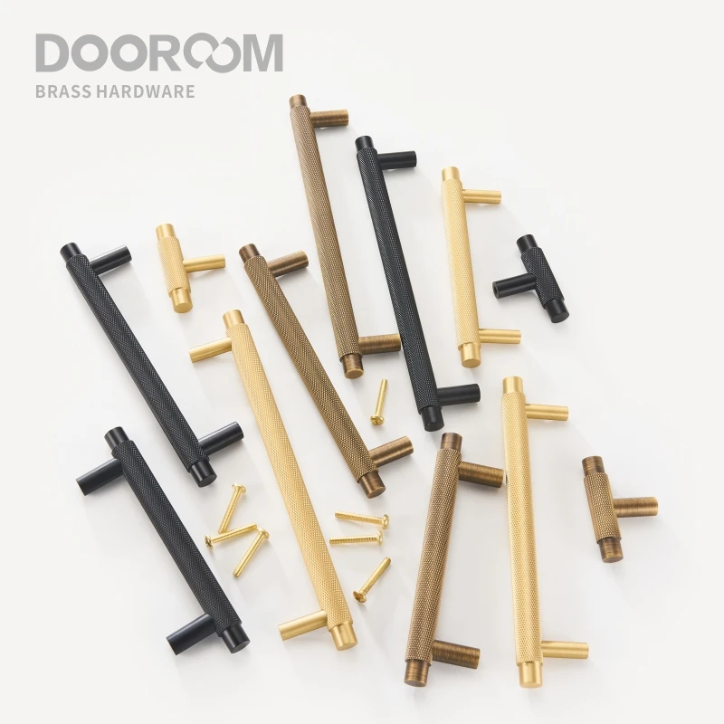 Dooroom Brass Furniture Handles Modern Knurled Antique Brass Cupboard Wardrobe Dresser Shoe Box Drawer Cabinet Knobs T-Bar