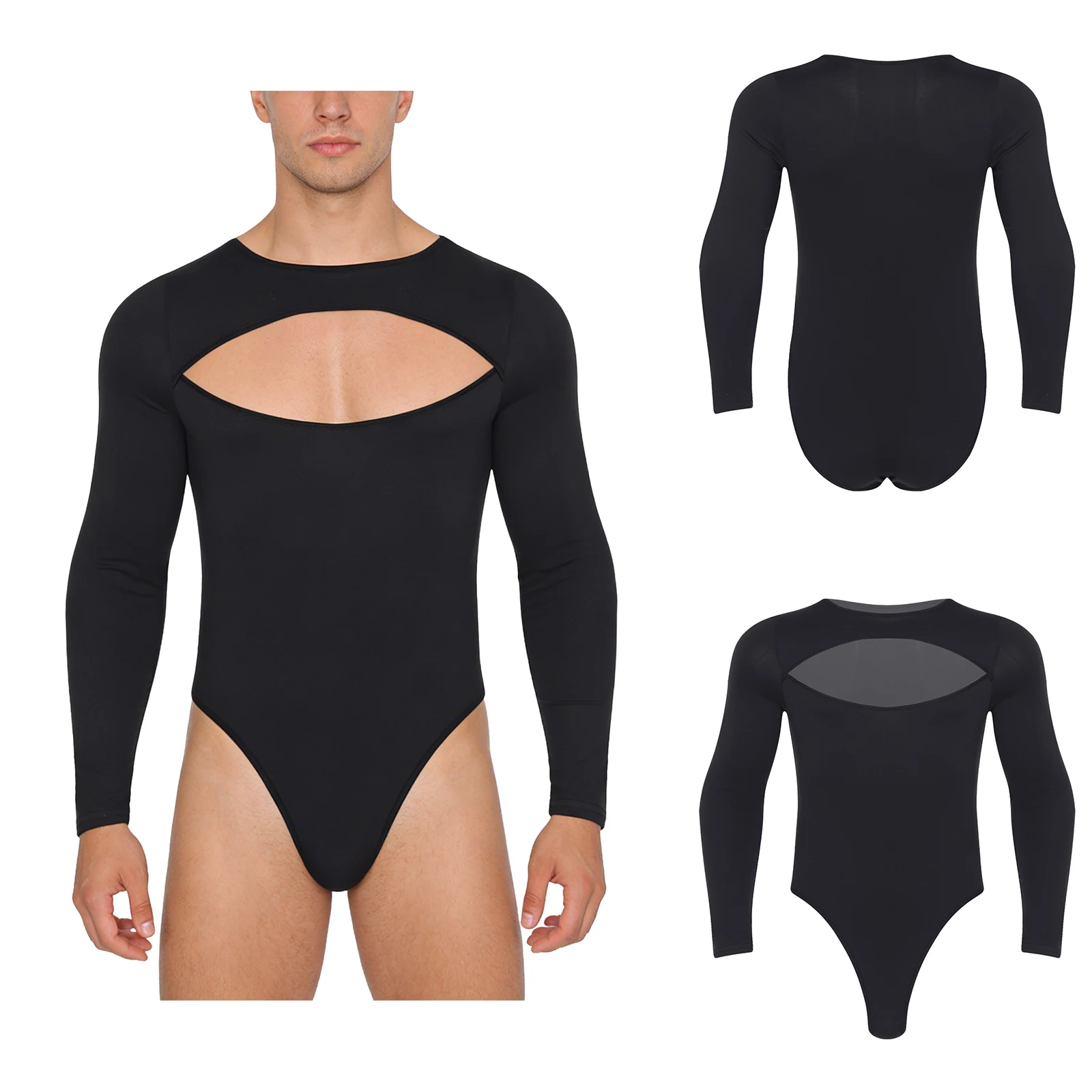 

Men Long Sleeve Workout Sport Pajamas Bodysuits Front Hollow Out Buttoned Crotch Jumpsuit for Workout Club Party Dance Suits