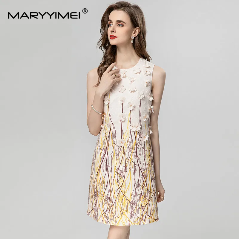 MARYYIMEI-vestido sem mangas com estampa jacquard para mulheres, vestido branco, vestidos chiques elegantes, rua alta, verão