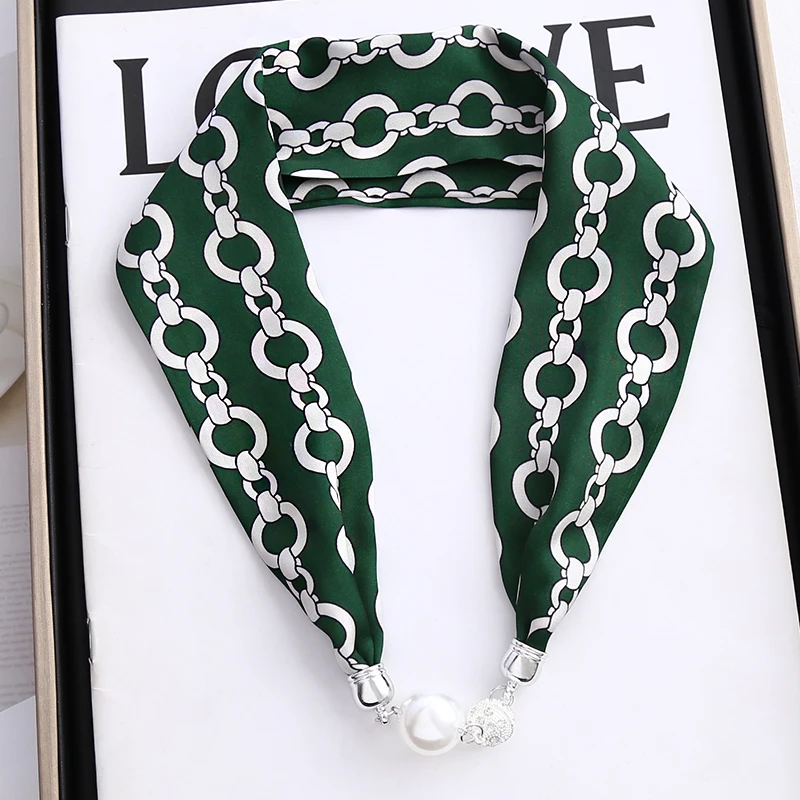 Spring Autumn Shirt Decoration Pearl Magnetic Snap Imitated Silk Scarf Necklace Ladies Fashion Floral Printed Neckerchief