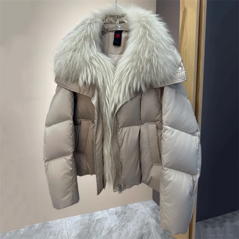 women's down jacket New winter 2026 detachable raccoon fur collar loose puffer jacket 90 white goose down filled warm thick coat