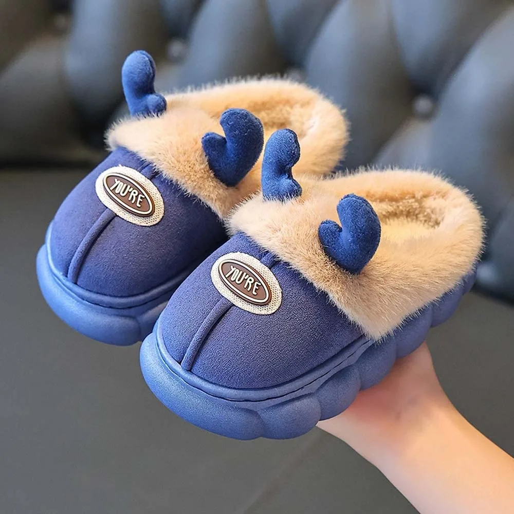 Waterproof Upper Kids Winter Slippers Thick Fleece Anti Slip Toddler Cotton Shoes Soft Plush Thermal Warmth Cartoon Plush Mules
