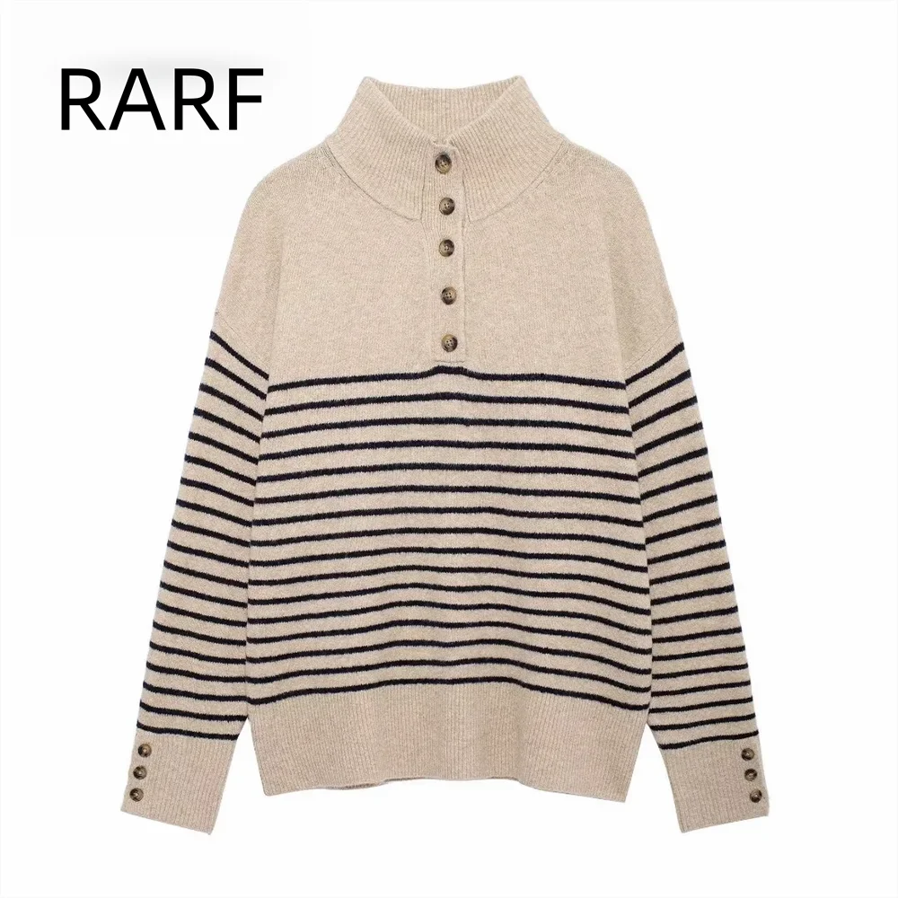 2024 Autumn/Winter New Product Women's American Sweater Stripe Printed Stand up Collar Long Sleeve Knitted Sweater