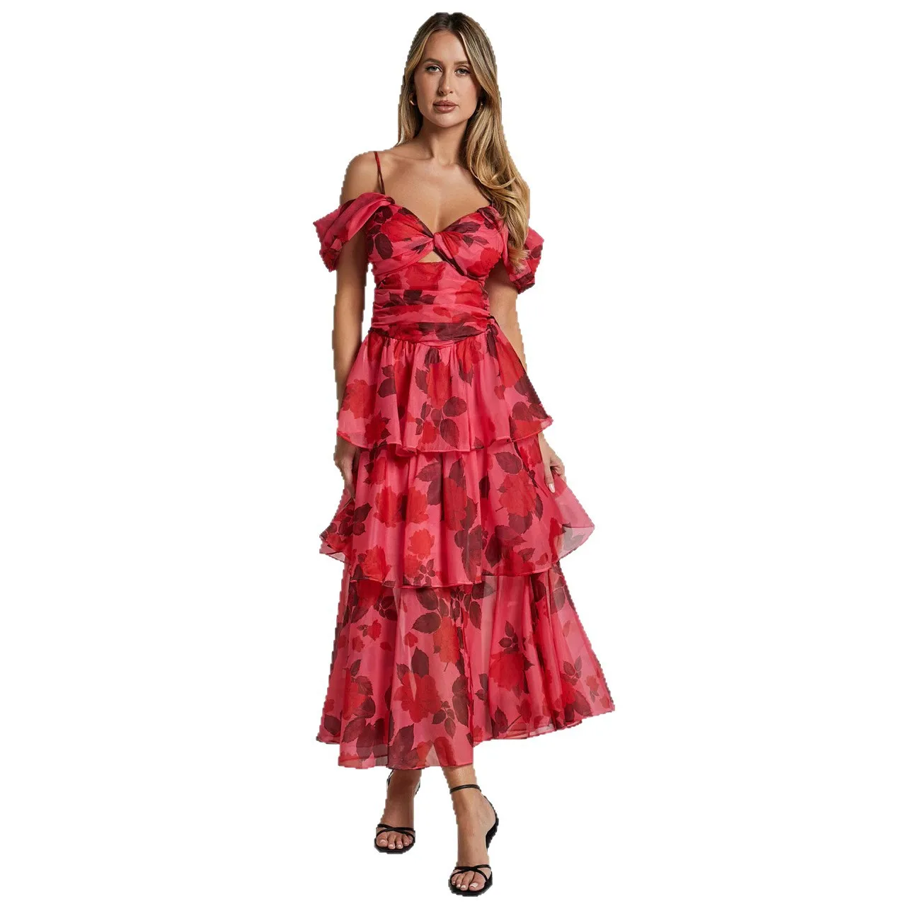 NovelTeez Vestido feminino sexy em camadas – maxi com alças fora do ombro com estampa floral e saia em camadas
