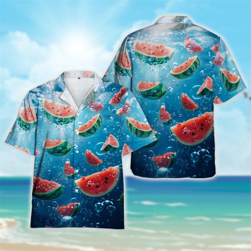 Camisa de praia gráfica masculina Cold Splash Fruits, pêssegos coco kiwi camisas havaianas, roupas de frutas frescas, melancia laranja Tops