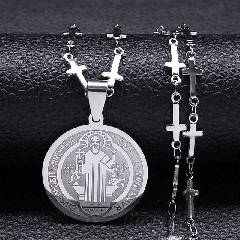 Saint Benedict Medal Stainless Steel Necklace for Women Gold Color Jesus Cross Chain Necklace Jewelry Cadenas Mujer N7913GDS02