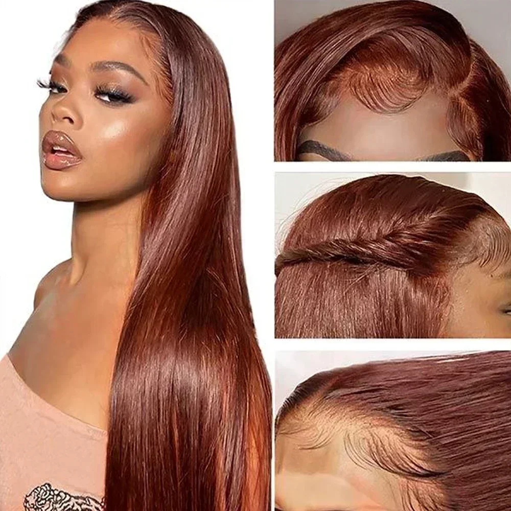 Reddish Brown Silky Straight 13x4 13X6 HD Synthetic Lace Front Wigs For Women 30 Inch Auburn Brown Straight Lace Wig Pre Plucked