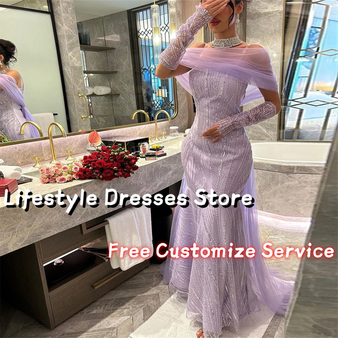 

Lilac Sequins Tulle Mermaid Saudi Evening Dresses For Special Occasion Long Sleeves Shawl Wedding Party Gown فساتين حفلة موسيقية