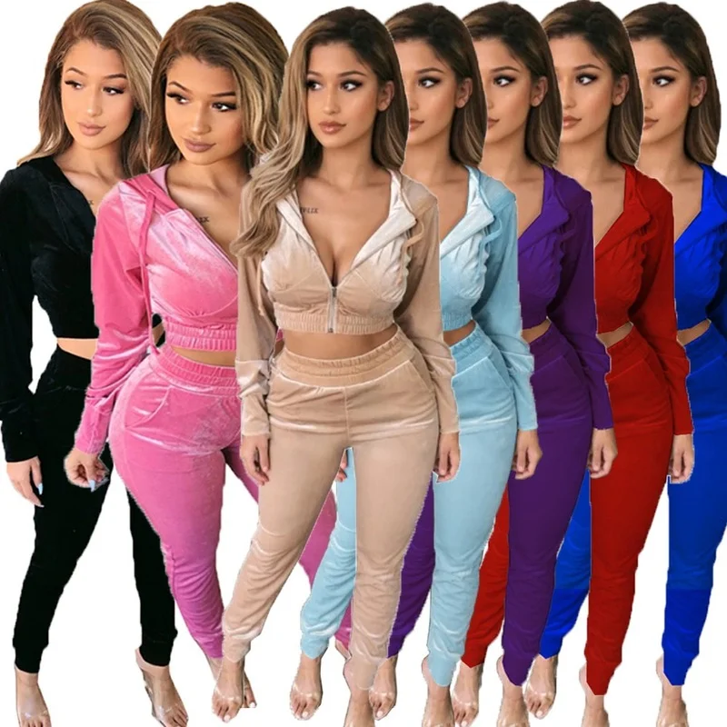 

2024 Women 2 Piece Velvet Set Hoodied Crop Top and Stacked Pants Leggings Outfits Fall Winter Long Sleeve Tracksuit Sweatsuit