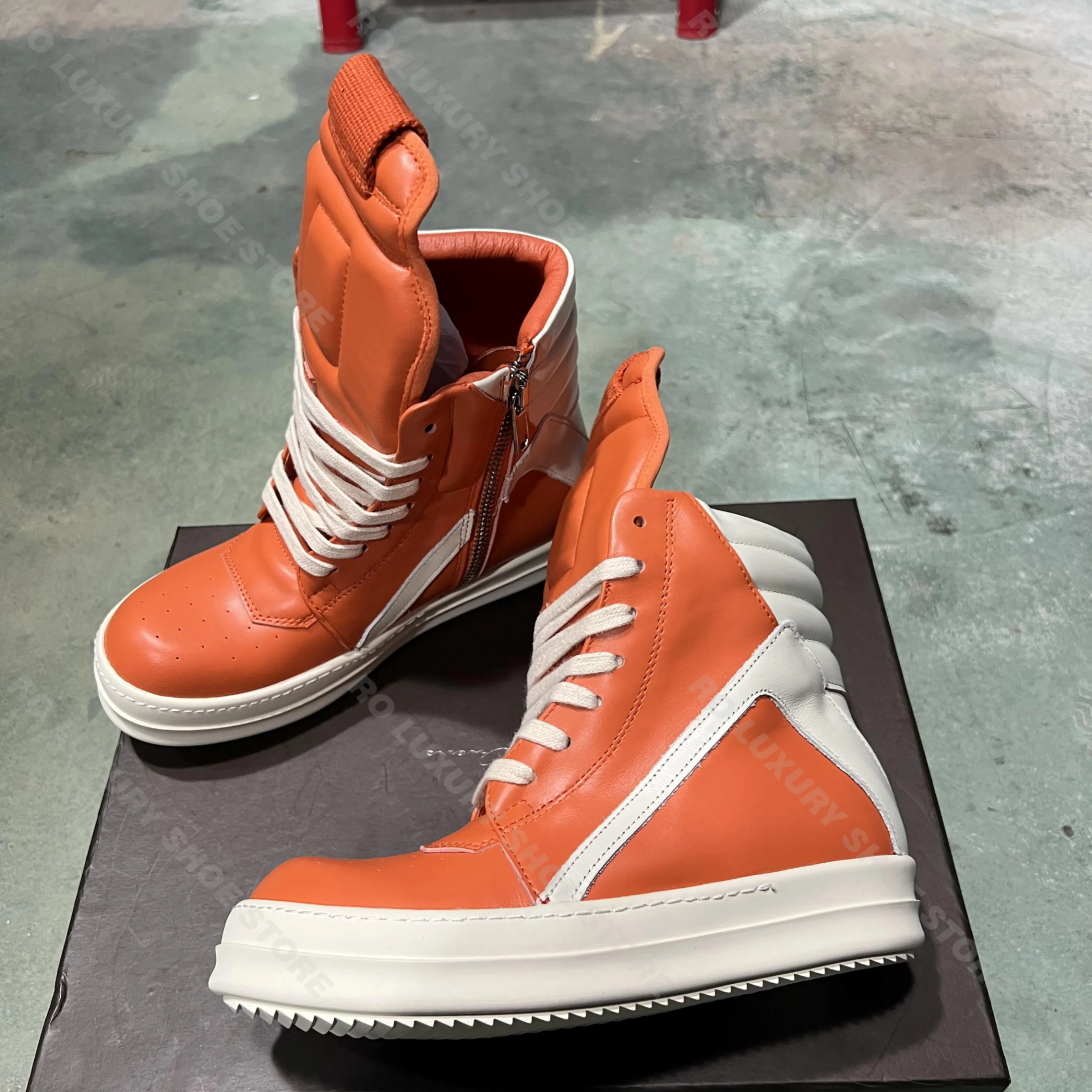 

Brand Casual Men Shoe High Top Women Sneaker Orange Geobasket Leather Zip Shoe Luxury New Trend Thick-sole Flat Ankle Boot