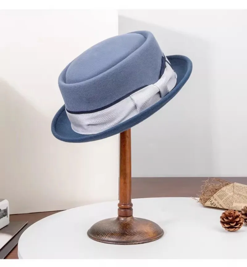 Contrast Color Fedora for Women & Men，Wool Felt Pork Pie Hat Unisex Short Brim Ribbon Dress Hat