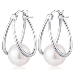 Huitan Simple Stylish Round Imitation Pearl Hoop Earrings for Women Silver Color New Fashion Girl Ear Accessories Modern Jewelry