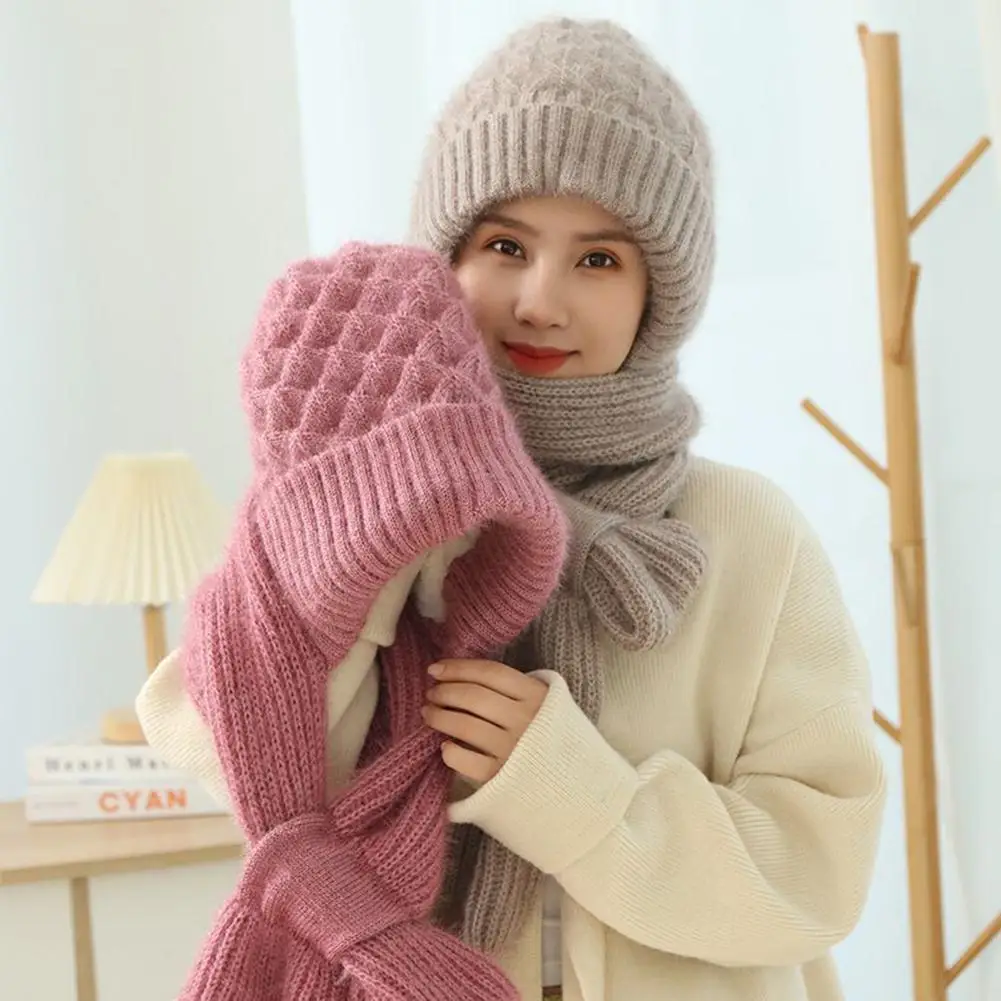 Hat And Scarf All In One Knitted Women Winter Plush Hat Scarf Thickened Warm Hooded Ear Protection Outdoor Ski Female Beanie Cap