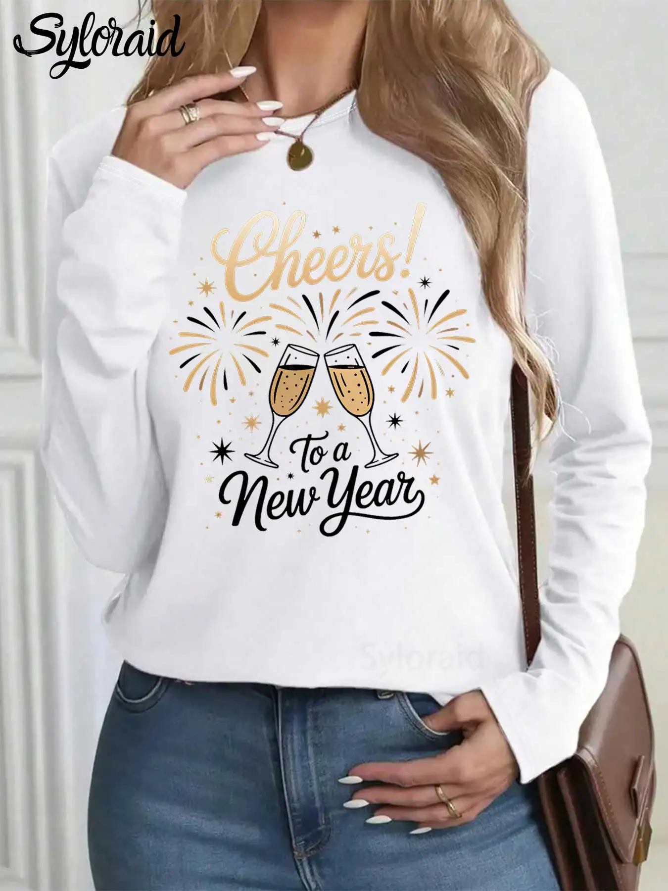 Dames T-shirt met lange mouwen "Cheers To A New Year" Party Print T-shirt Mode Ronde hals Casual top