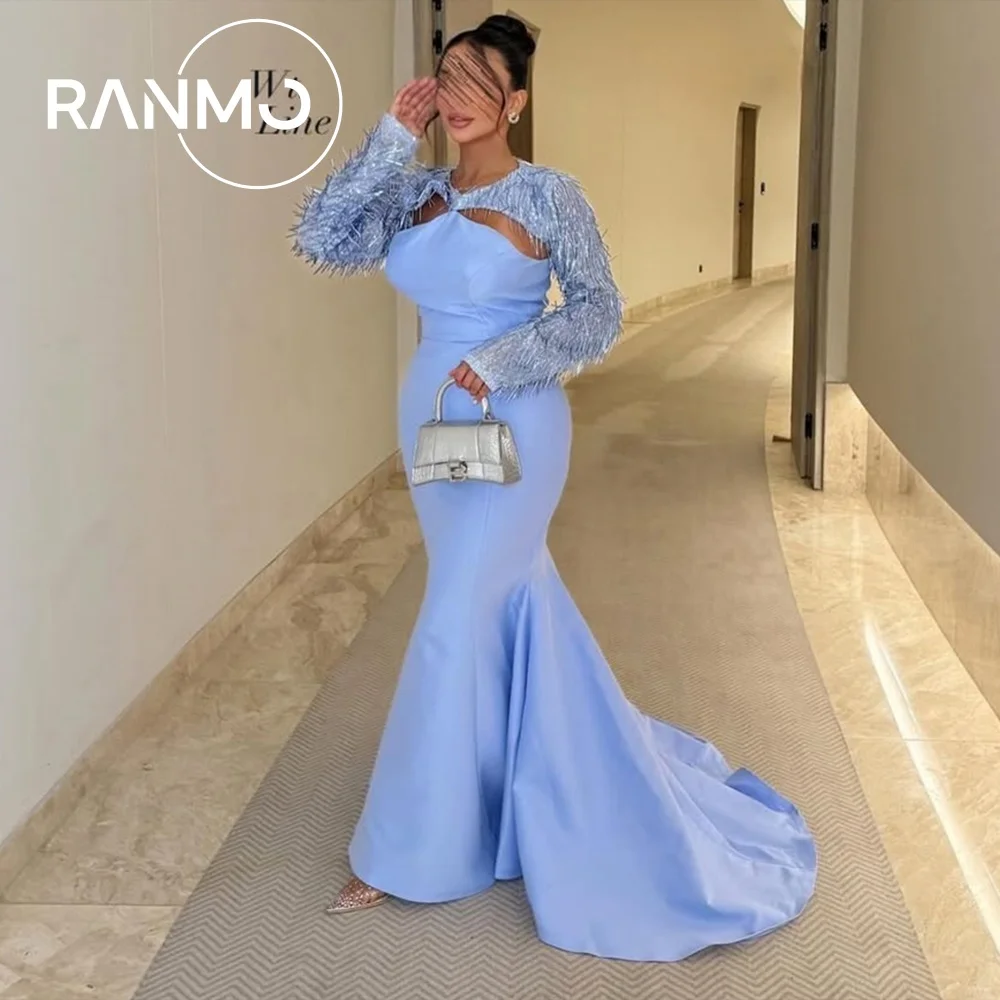 Ranmo Sky Blue Exquisite Mermaid Trumpet Wedding Dress O-Neck Hollowing out 2026 Tassel Customized  Chapel Train New Dress
