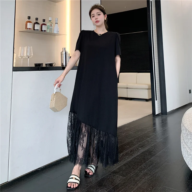 

Summer T-Shirt Dresses Wowan for 2024 New Loose Plus Size Lace Patchwork Pleated Dress Short Sleeve Female Clothing Robe KE9927