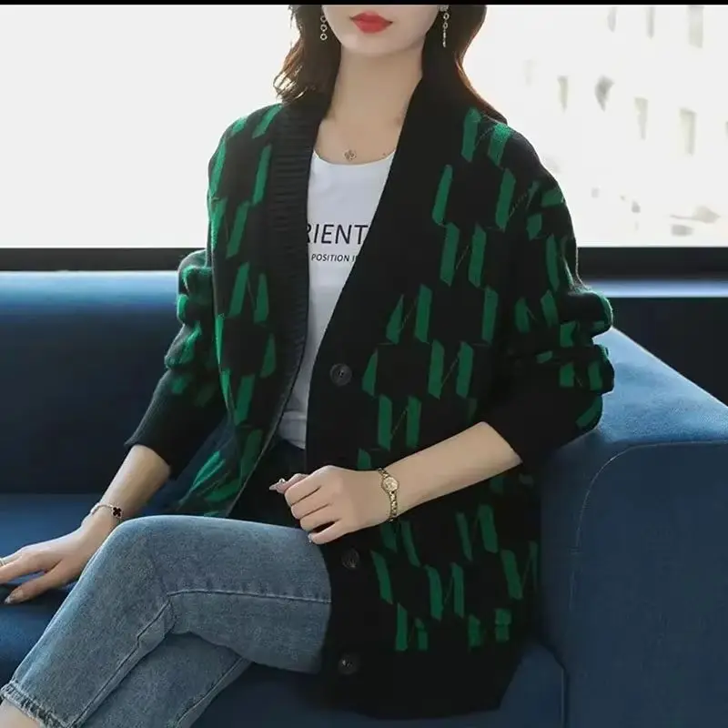 

Spring Autumn New Knitted Coat Women's Korean Joker Loose Cardigan Mid Long Sweater Slim Western-Style Casual Jacket Female Tops