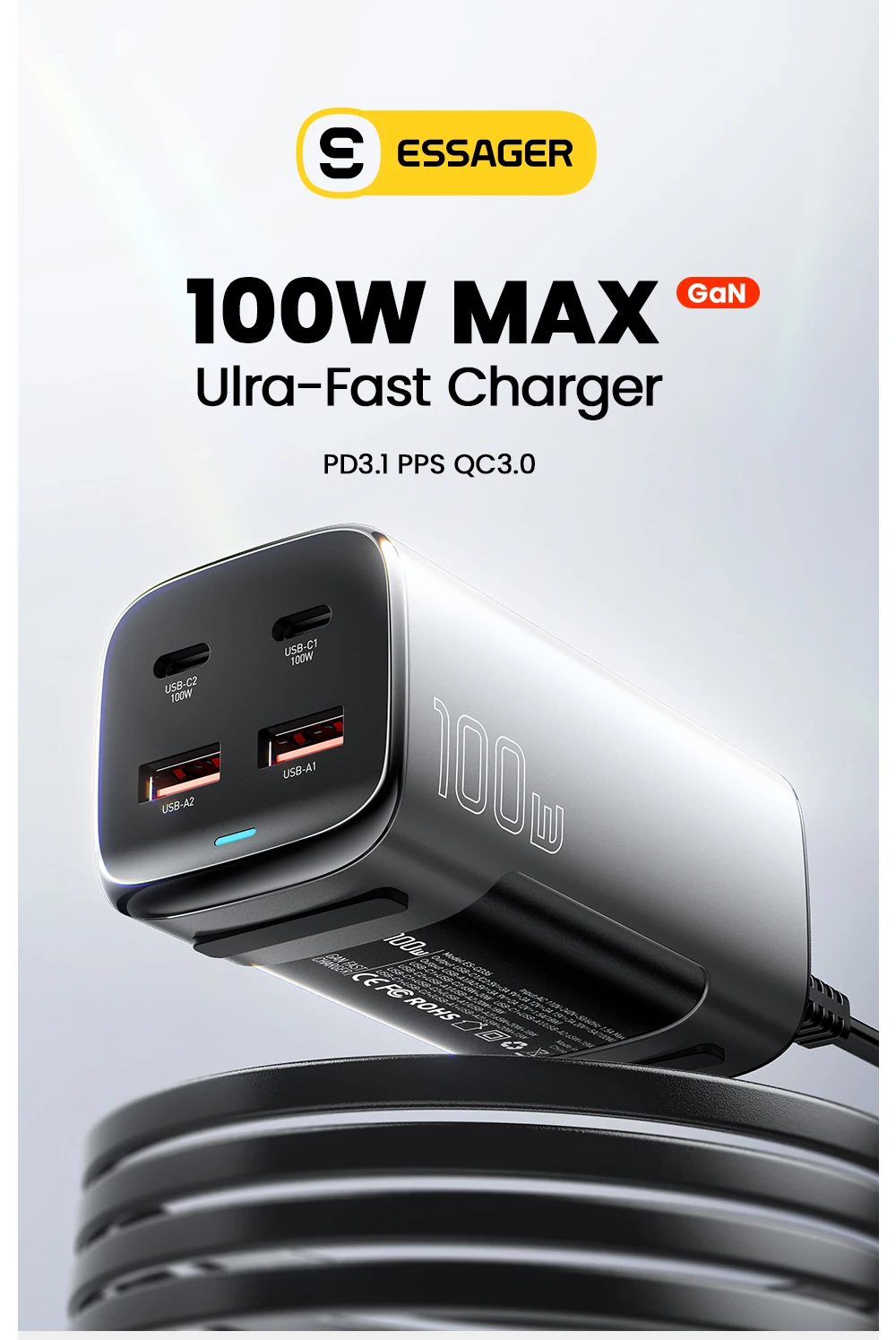 Essager Chargeur GaN de Bureau 100W | Charge Rapide USB-C PD 100W Maroc 1 Essager Chargeur GaN de Bureau 100W Rocoren Maroc