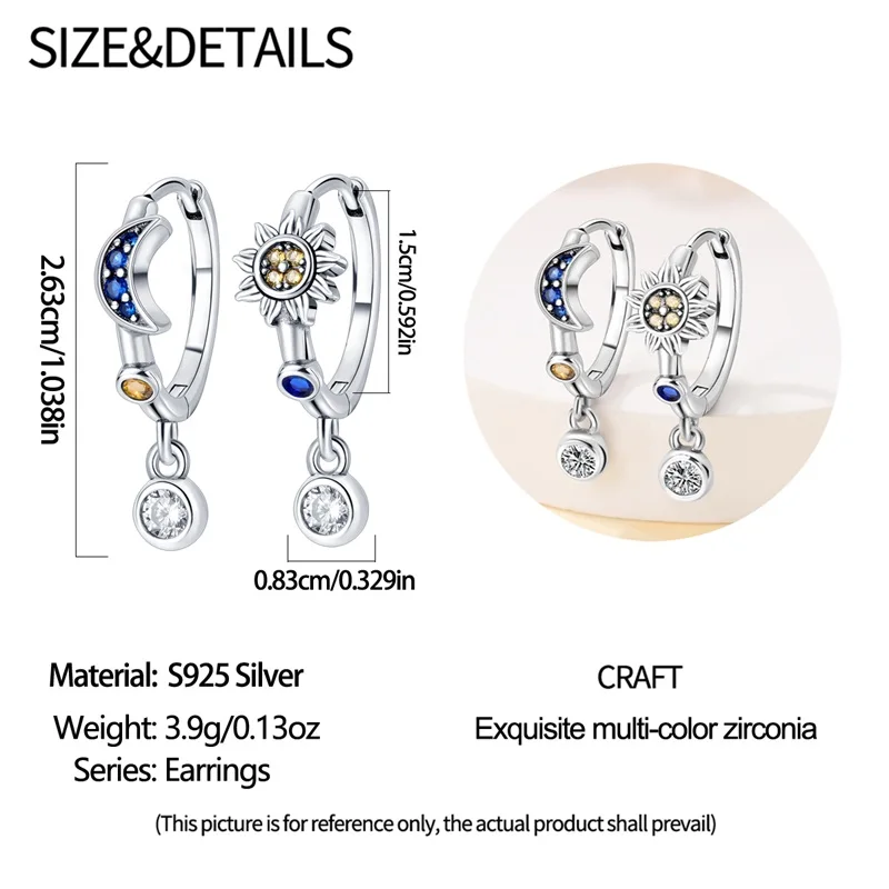 Silver Plated Sun Moon Huggie Earrings For Women Colorful Cz Dangle Hoop Earrings Celestial Jewelry Gift For Birthday Anniversar