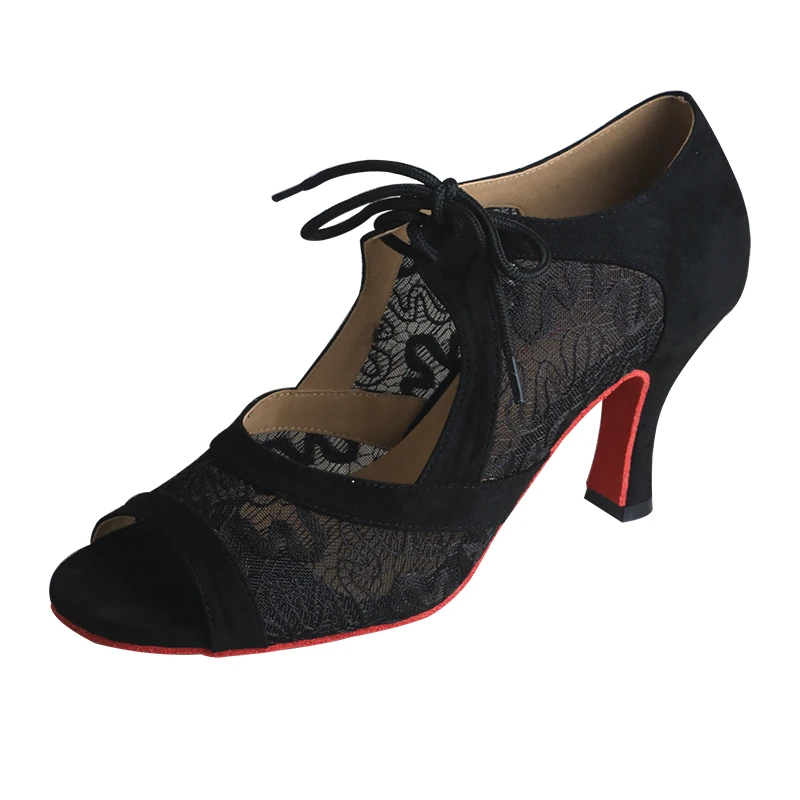 Venus Loure Op Maat Gemaakte Balzaal Veterschoenen Zwart Suède Mesh Dansschoenen Laarzen Peep Toe 7Cm