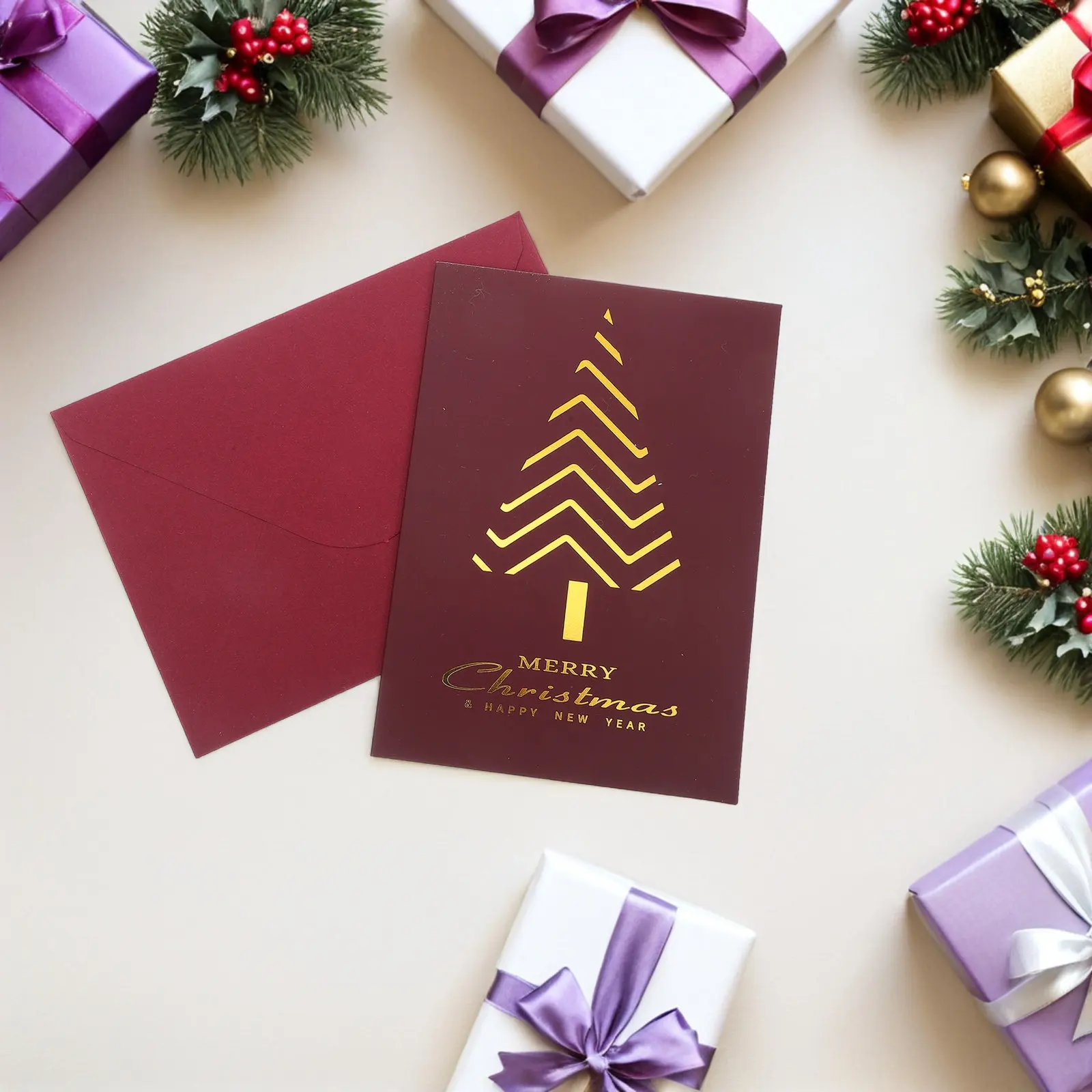 

10Pcs Vintage Christmas Greeting Card Set Blank Holiday Blessing Cards Gold Foil Xmas Party Supplies Decorative Paper Cards