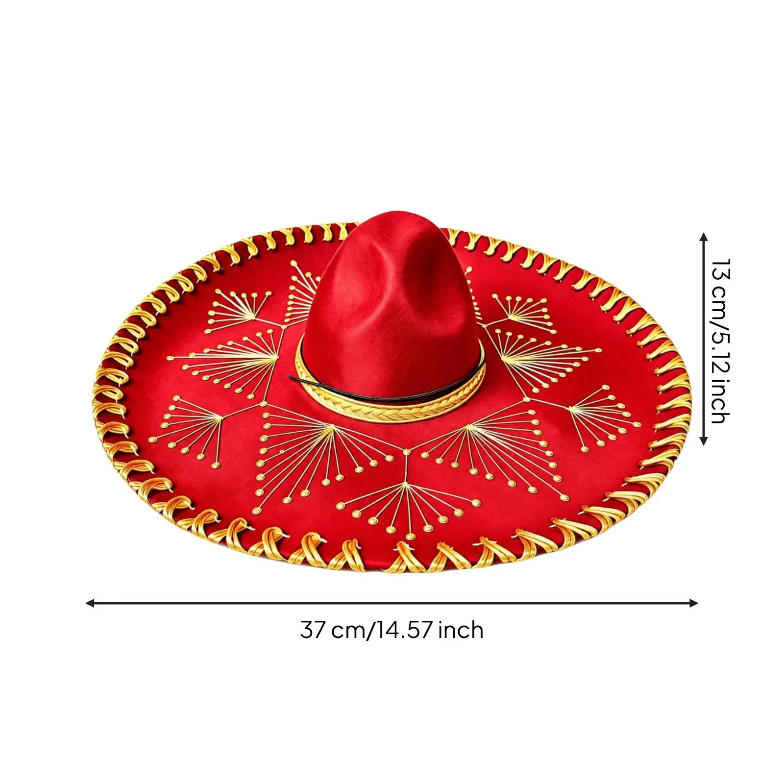 Sombrero Style Costume Hat for Party Fun Tall Crown Wide Brim Polyester Material Gold Trim for Festival Stage Dress Up