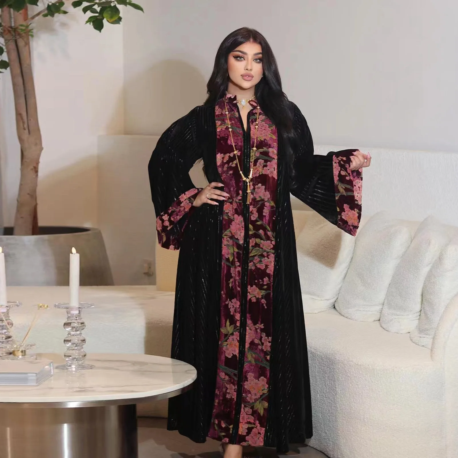 

Muslim Arab Dubai Golden Velvet Jacquard Temperament Evening Dress Retro Fashion Jalabia Women Clothing Middle East Abaya