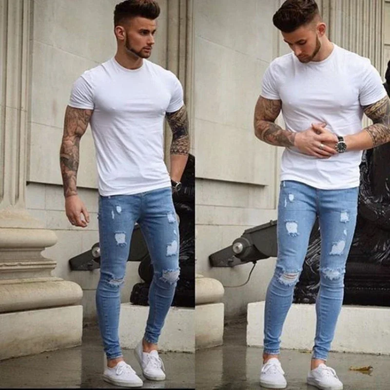 

Spring and Autumn New Jeans Grinding White Small Foot Slim Europe and The United States and The United States Men's Skinny Jeans