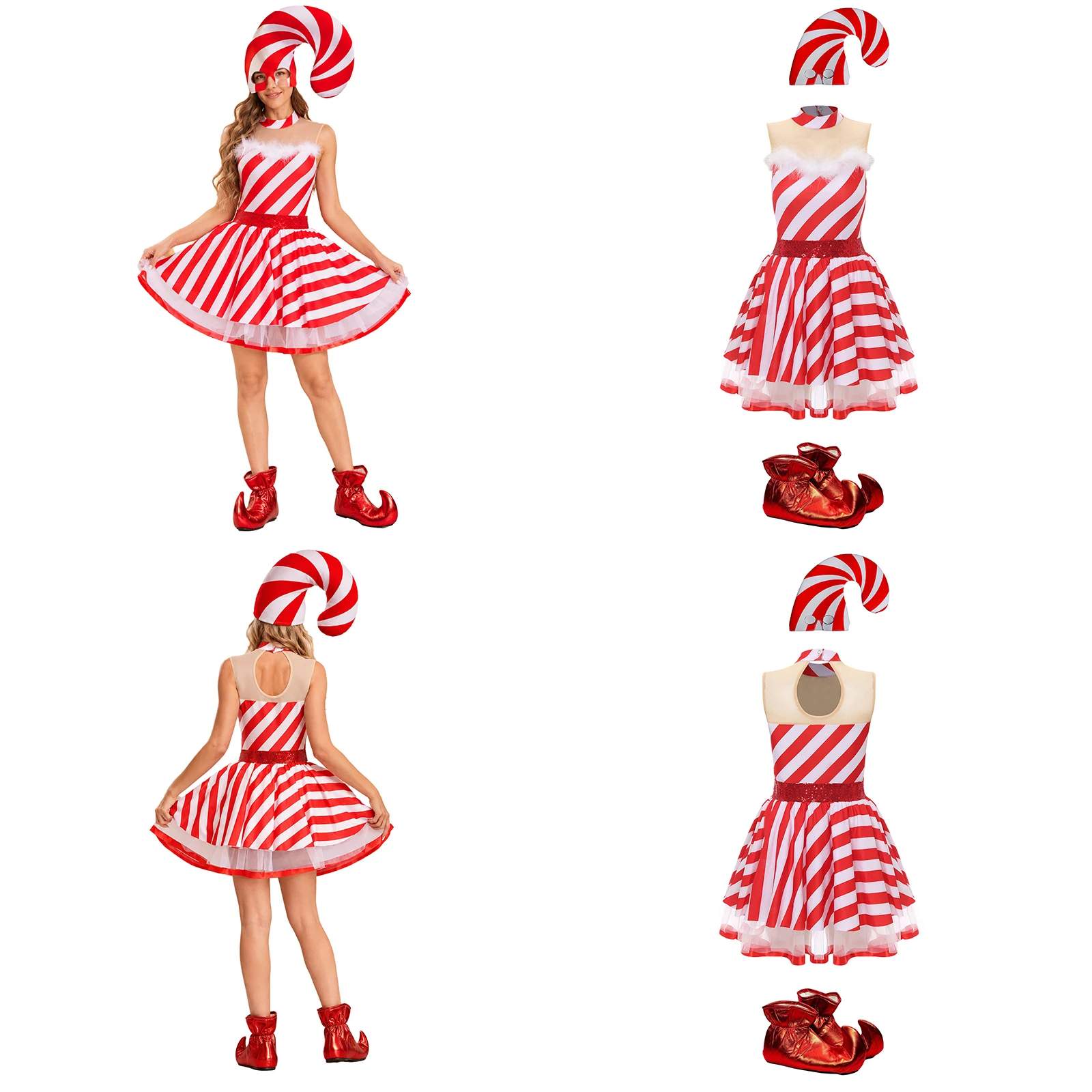 Women Christmas Party Dance Dress Xmas Santa Elf Cosplay Costume Sleeveless Candy Cane Striped Tutu Dresses with Hat Shoe Covers