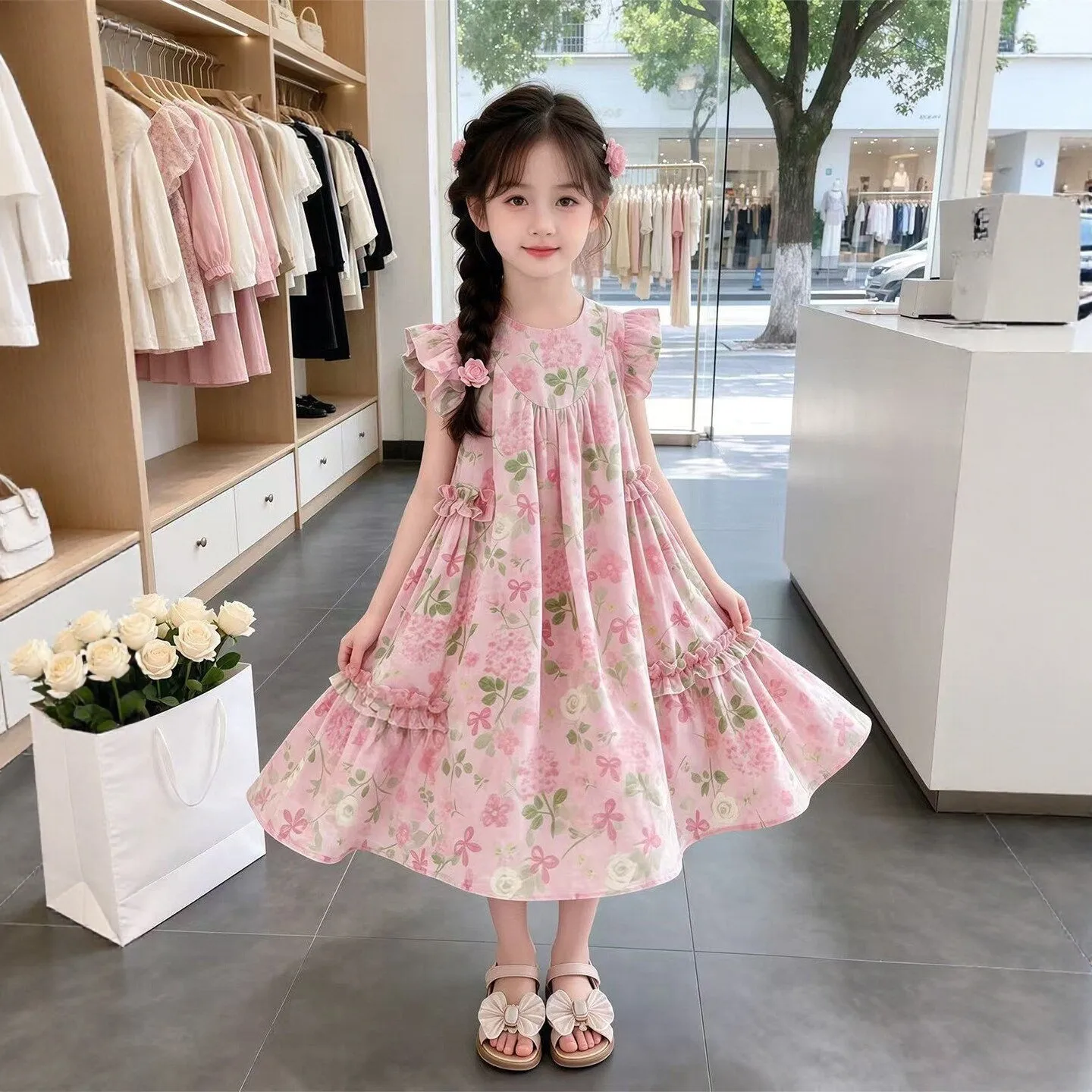 New Summer Teenager floral kid party mesh sleeveless princess Girls Mid Long bow dress layered tutu chiffon 4 8 10 12 14 Years