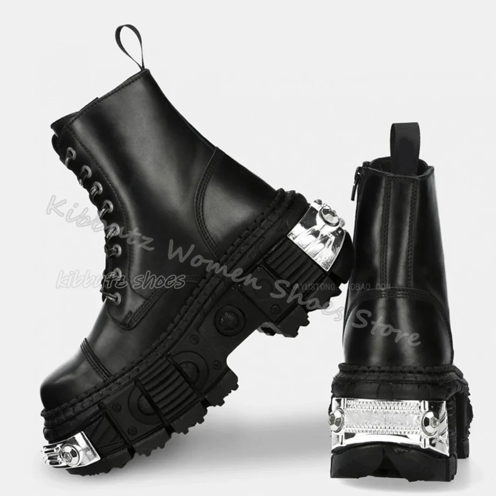 

Y2k Hot Girls Ankle Boots Platform Rock Punk Gothic Leather Slip-On Fashion Sexy Concise Solid Color Women Shoes New Metal Toe
