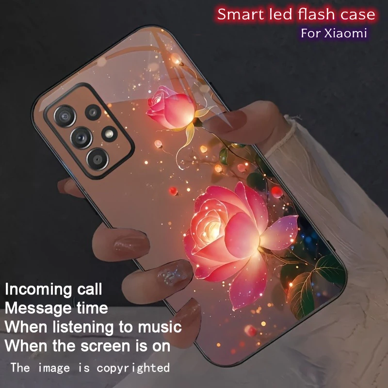 

Elegant Pink Rose LED Phone Cover For Xiaomi Redmi K40 K50 Gaming Note 14 13 12 11 10 9 Pro 4G 5G Mi 15T 14T 13T Glow Flash Case