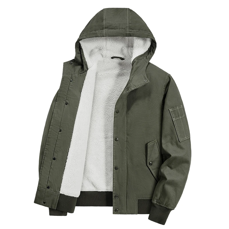 Men's Casual Cotton Jacket Winter Warm Lined with Lamb Wool, Hooded Thick Coat with Large Pockets, Ribbed Hem Comfortable