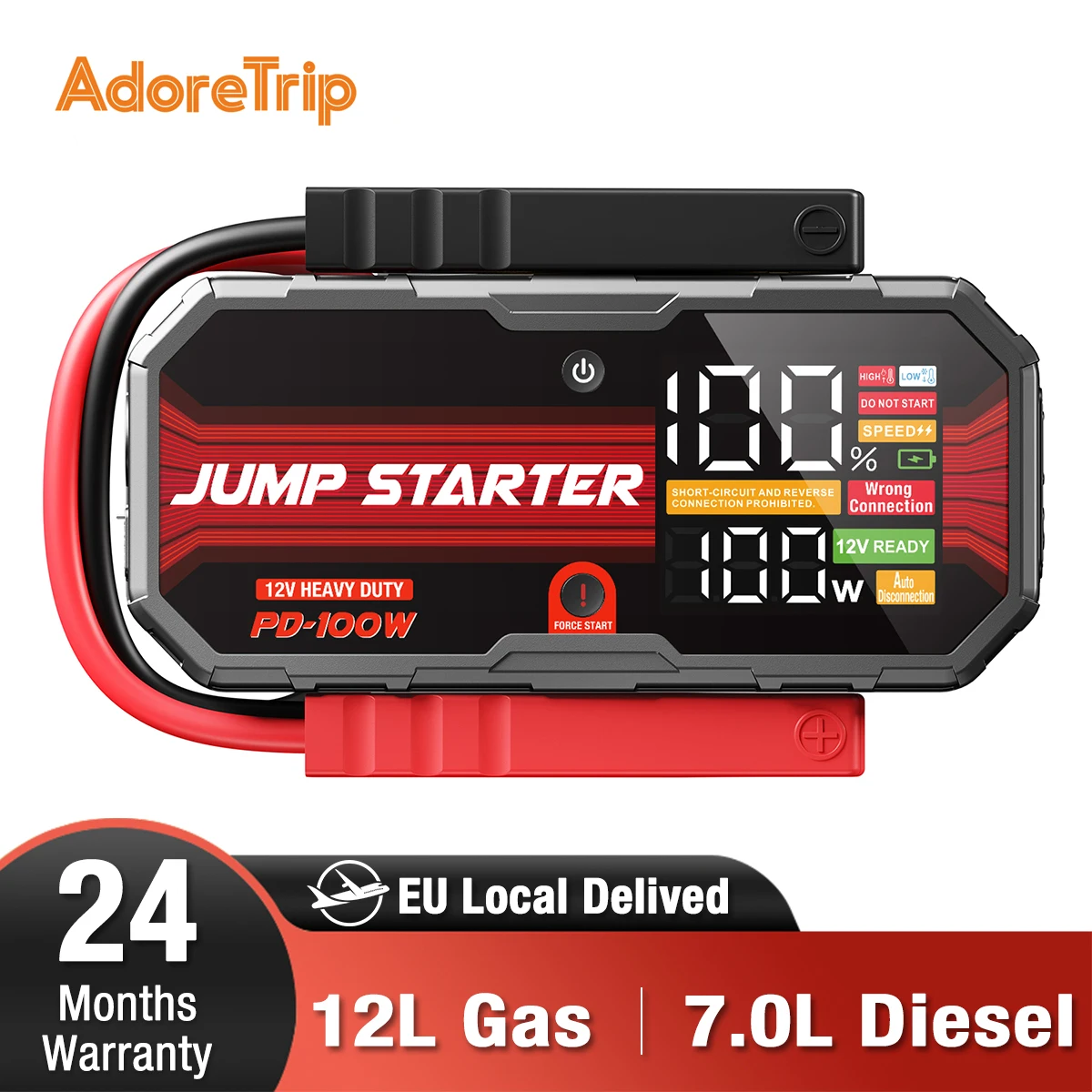 Image of AdoreTrip Starthilfe Powerbank KFZ 12V Auto Jump Starter 12L Benzin 7L Diesel PD100W 3.7 Zoll LCD Intelligenter Schutz