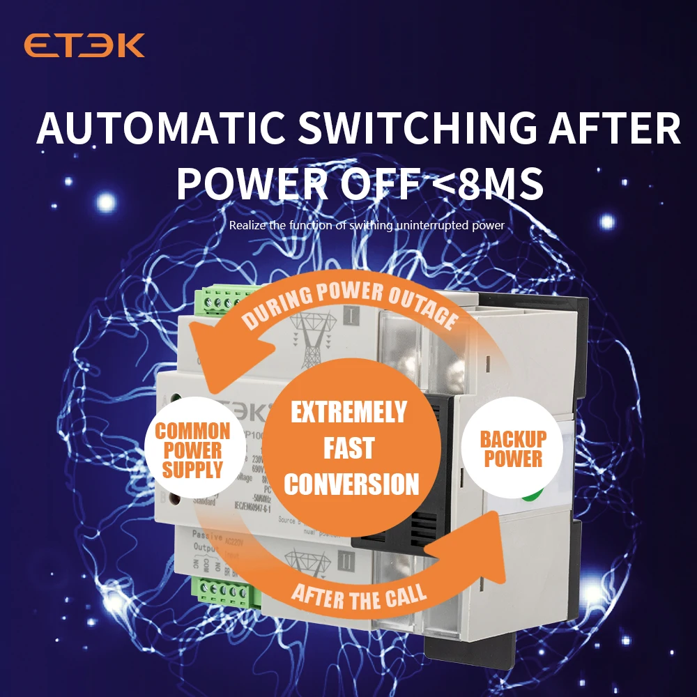 ETEC Dual Power Single-phase 100A 220VAC PC-level Automatic Transfer Switch City Grid and Inverter EK2R.