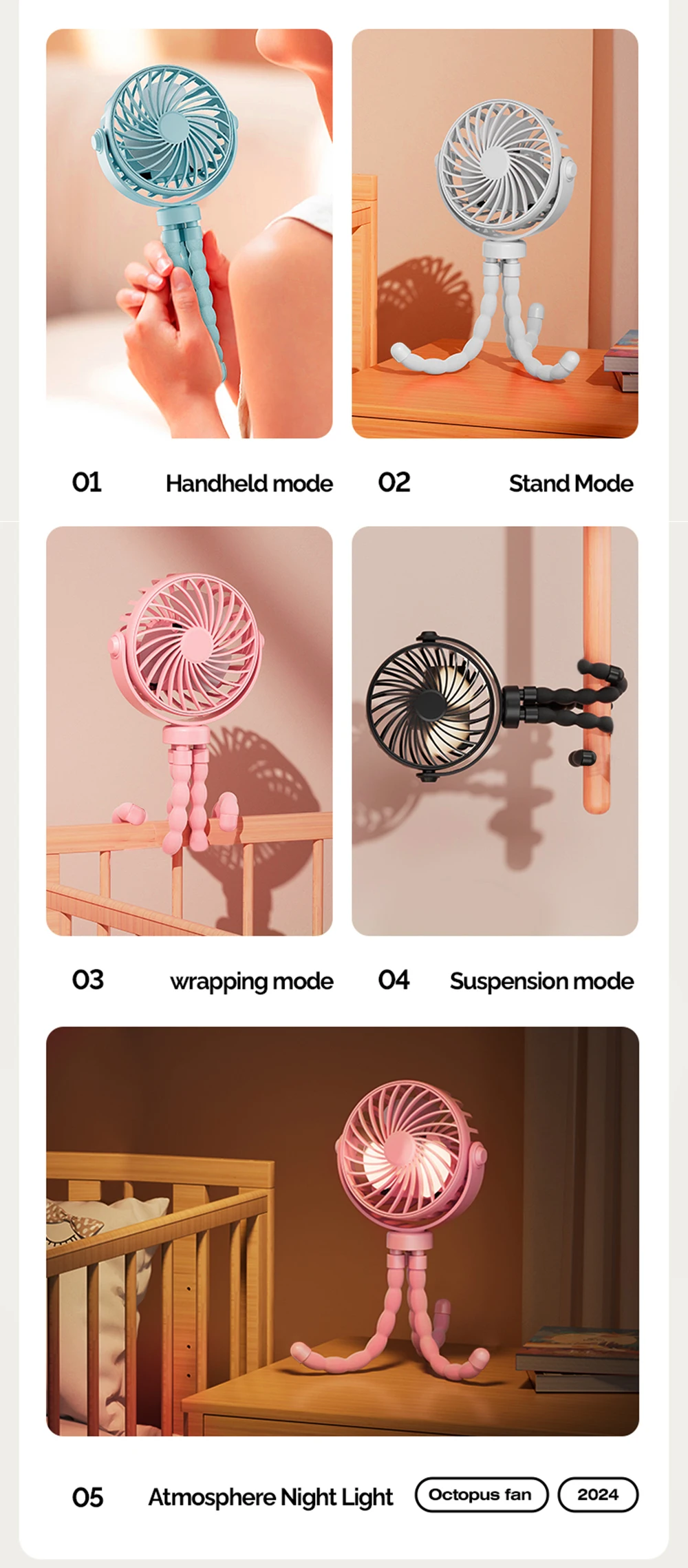 Mini Oszillierender Ventilator, Geräuschloser Oktopus-Ventilator, Flexibel Einstellbar, Handheld/Hängend/Umwickelbar/Stehend, Mini-Ventilator mit Licht, Kinderwagen-Ventilator – Detail 5