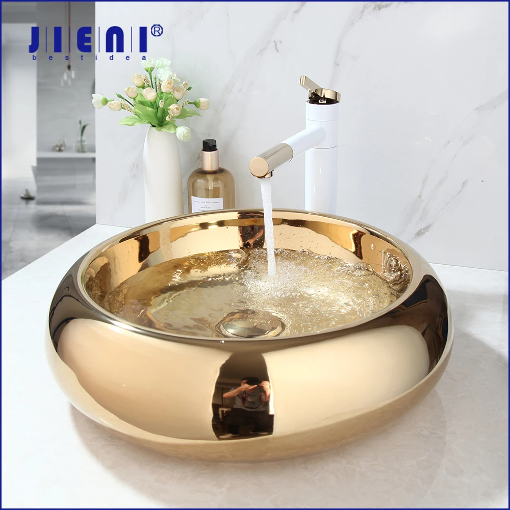 JIENI Bathroom Bath Luxury Ceramic Round Golden Plated Combine Mixer Set Lavatory Washbasin Sink Brass Faucet Set w/ Pop Drain