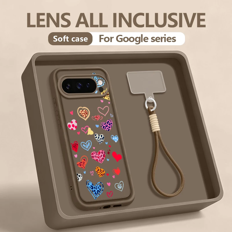 حافظة ملونة مطبوعة على شكل قلب الحب لهاتف جوجل بيكسل 10 8 7 برو 9A 8A بكسل 9 10 برو XL شريط للرسغ حبل ناعم من البولي يوريثان #1