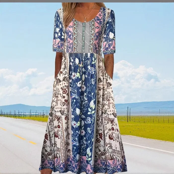 Gaun Maxi Patchwork Bunga Vintage Wanita Gaya Etnik dengan Hem Berwarna-warni, Gaun Panjang Longgar, Pakaian Liburan Bohemian