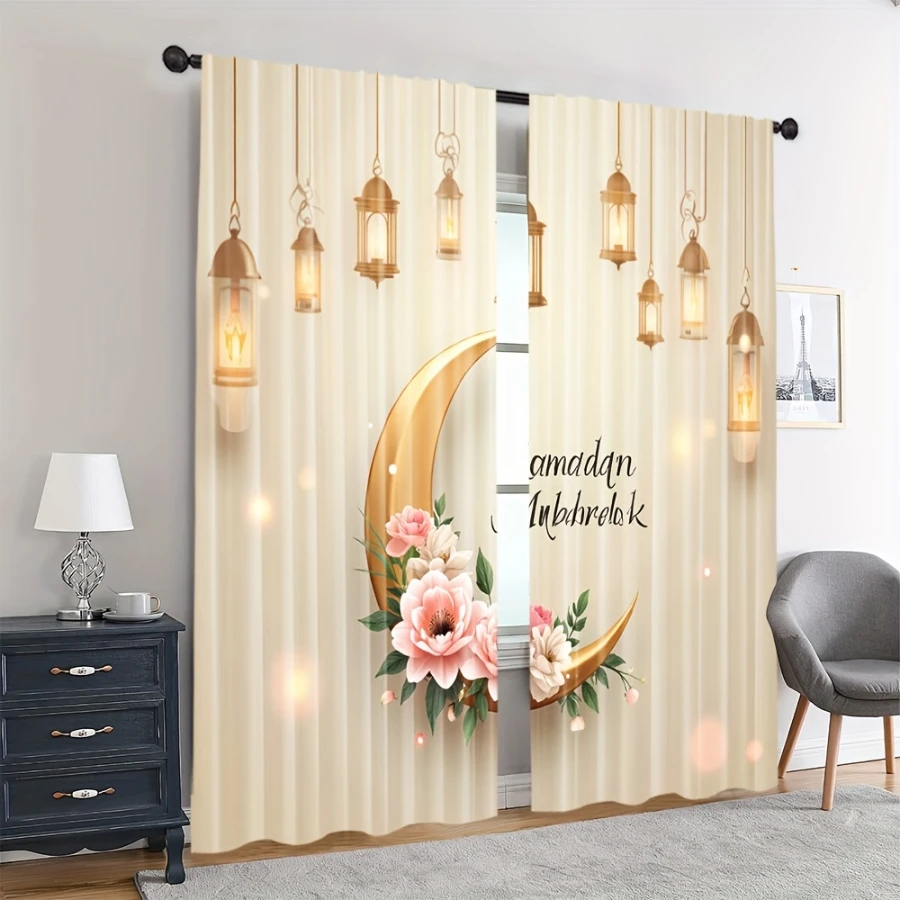 2PCS Digital Print Curtains, Pink Flowers Golden Moon Lamp, Dreamy Floral Lunar Decor Soft Romantic Glow Cozy Bedroom Drapes