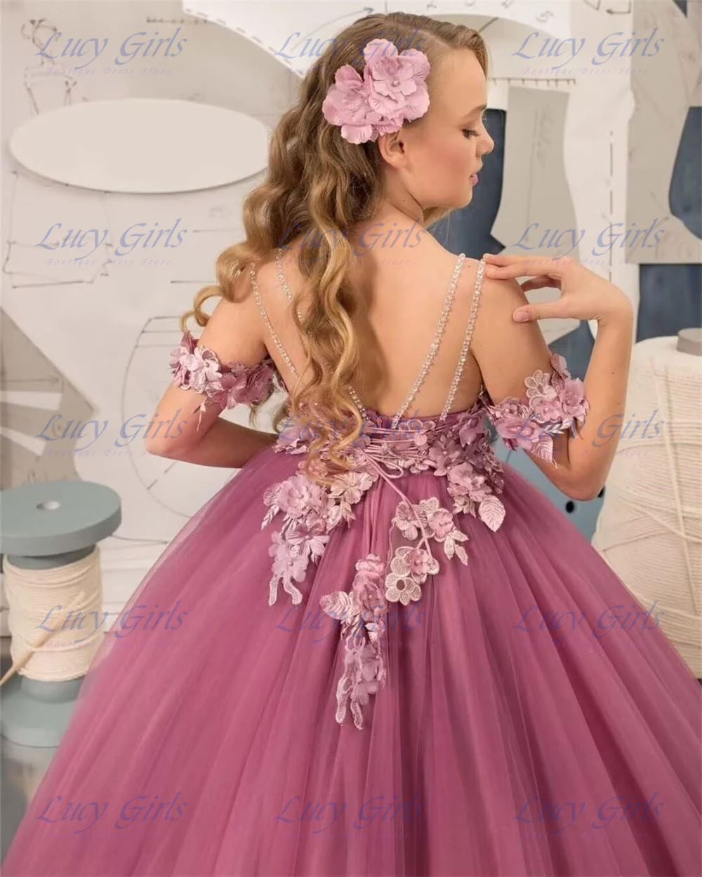 Quality Flower Girl Dresses Lace Tulle for Wedding Spaghetti Straps First Communion Dress for Girls 3D Flowers Pearly Gowns